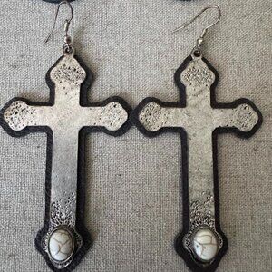 Long dangle cross earrings with studded disc earrings 2 pair